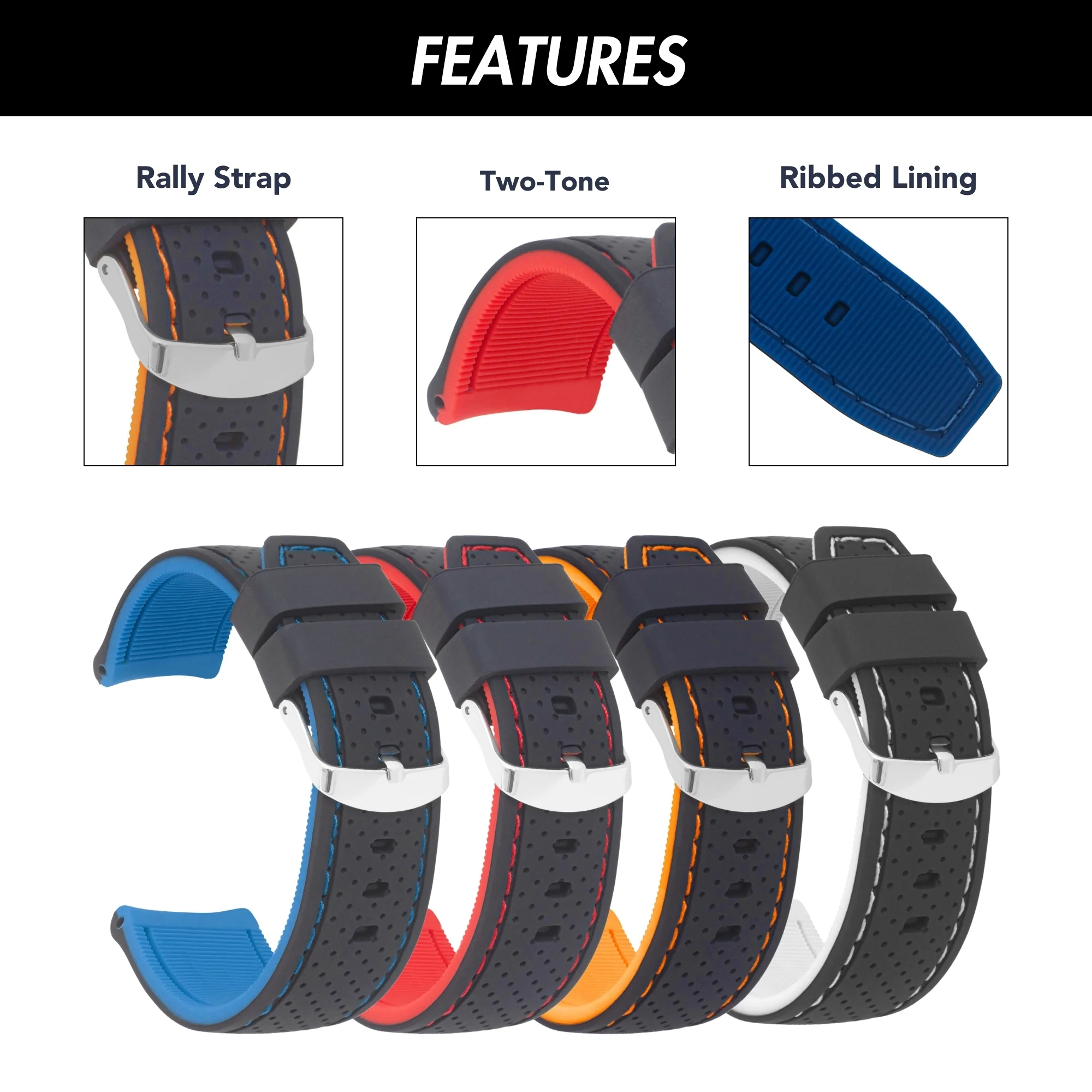 18mm Silicone Rally Strap, Perforated Black / White |  Dial - Image 2