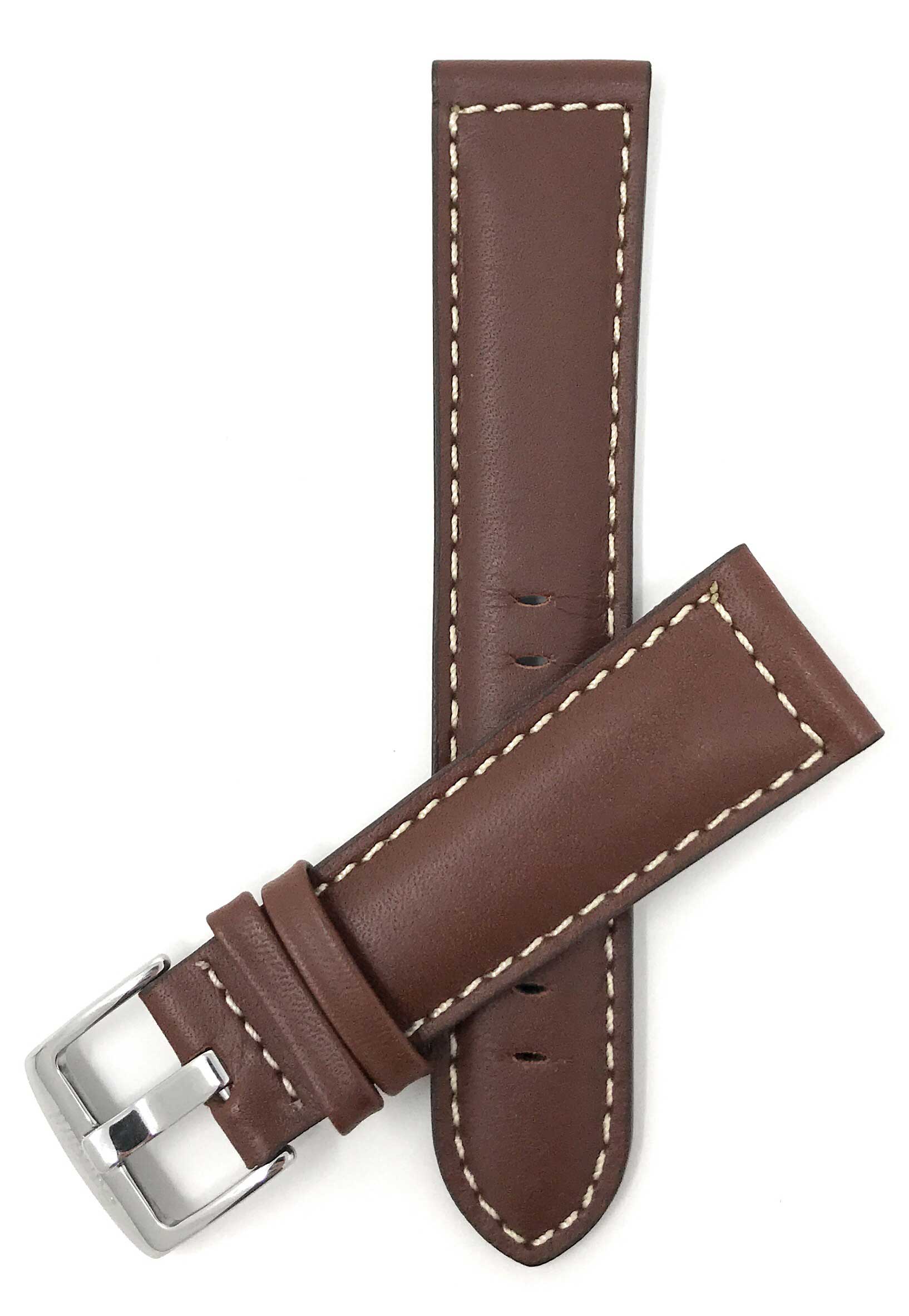 500s | 28mm Light Brown Italian Leather Watch Band - Classic - Padded - White Stitch 28mm / Light Brown / Silver Buckle | Dial