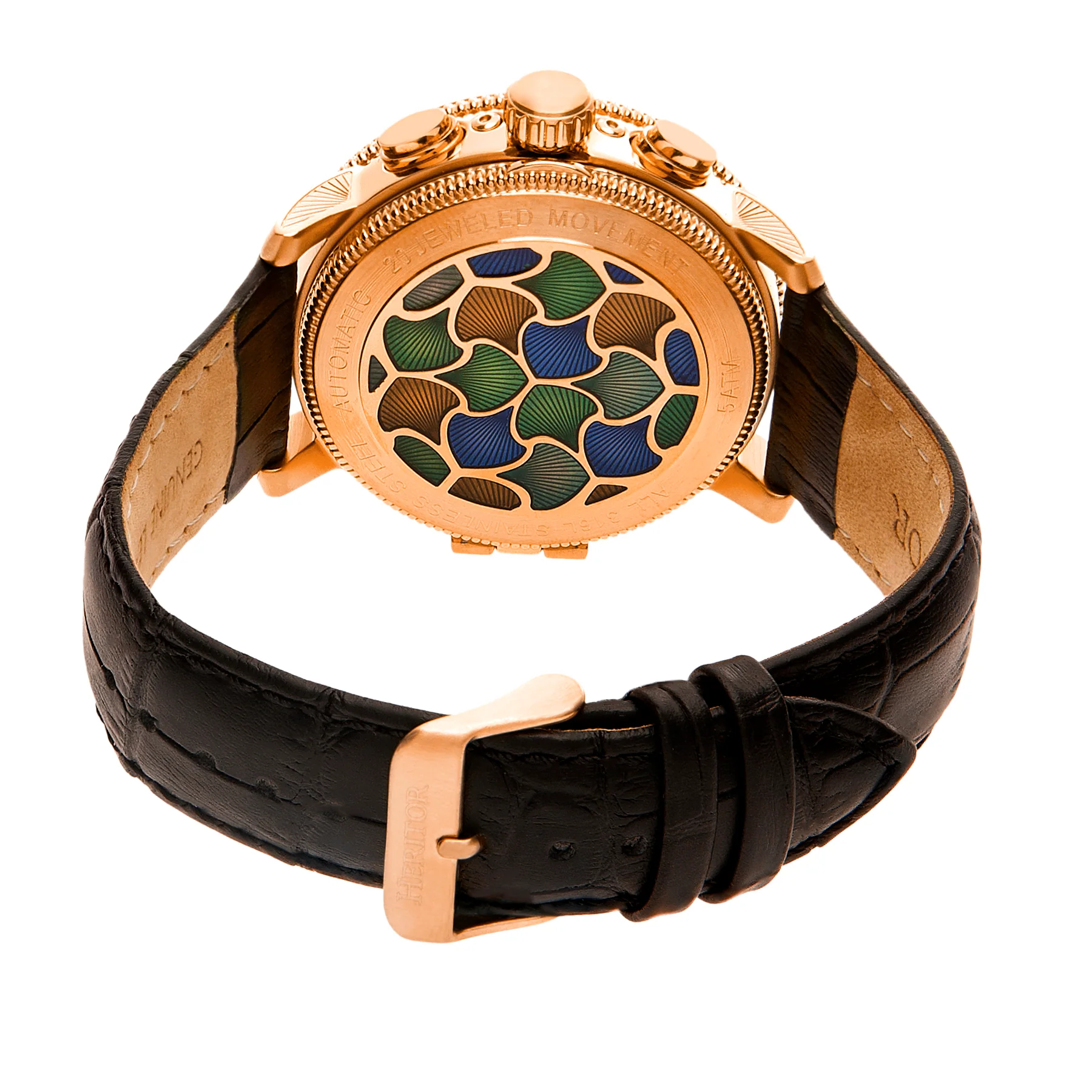 Aura Semi-Skeleton Genuine Leather-Band Watch Rose Gold/Black | Multi-colored Dial - Image 2