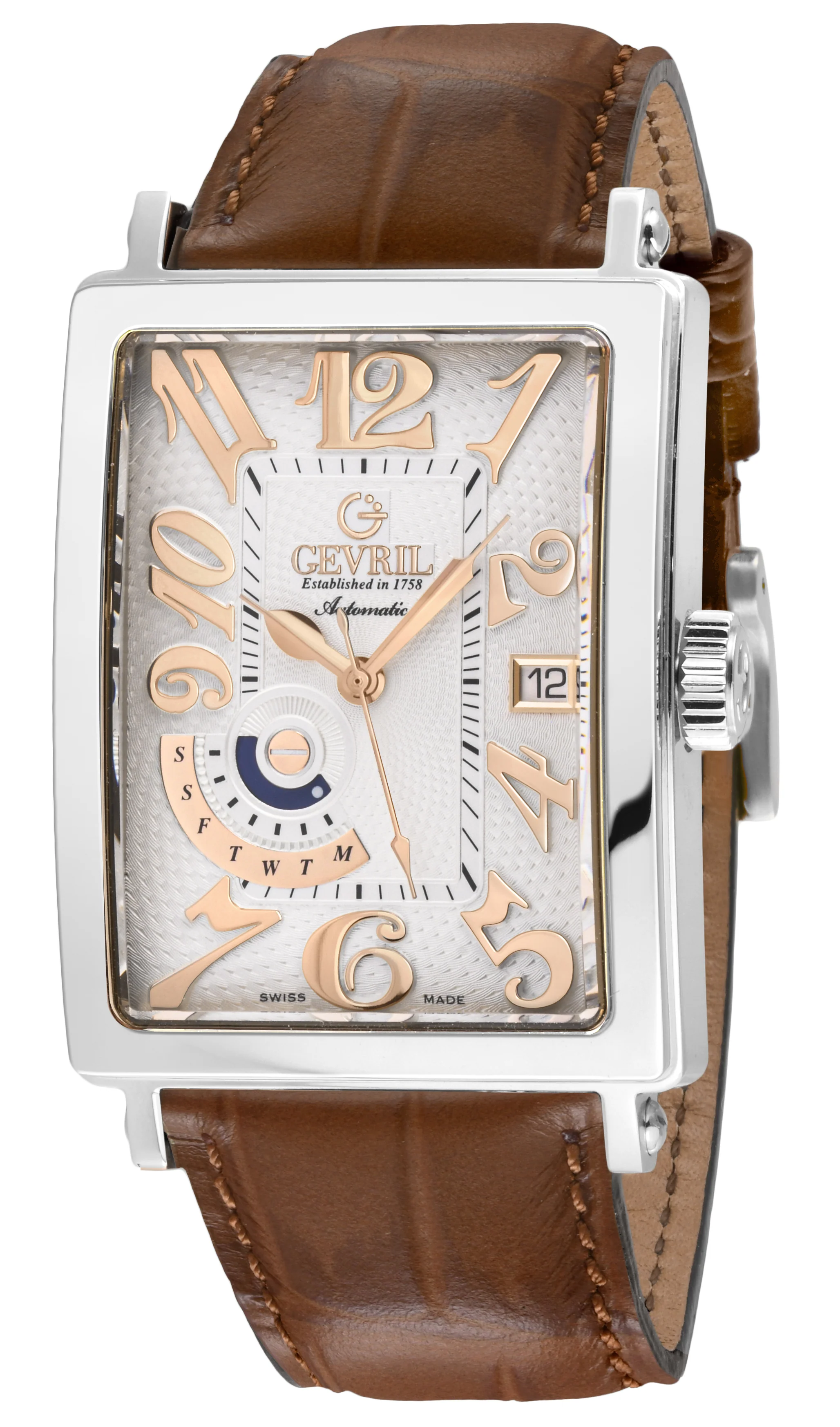 Avenue of Americas Gevril Men's Avenue of America's SS Case, Silver Dial, Genuine Italian Handmade Leather Strap | White Dial