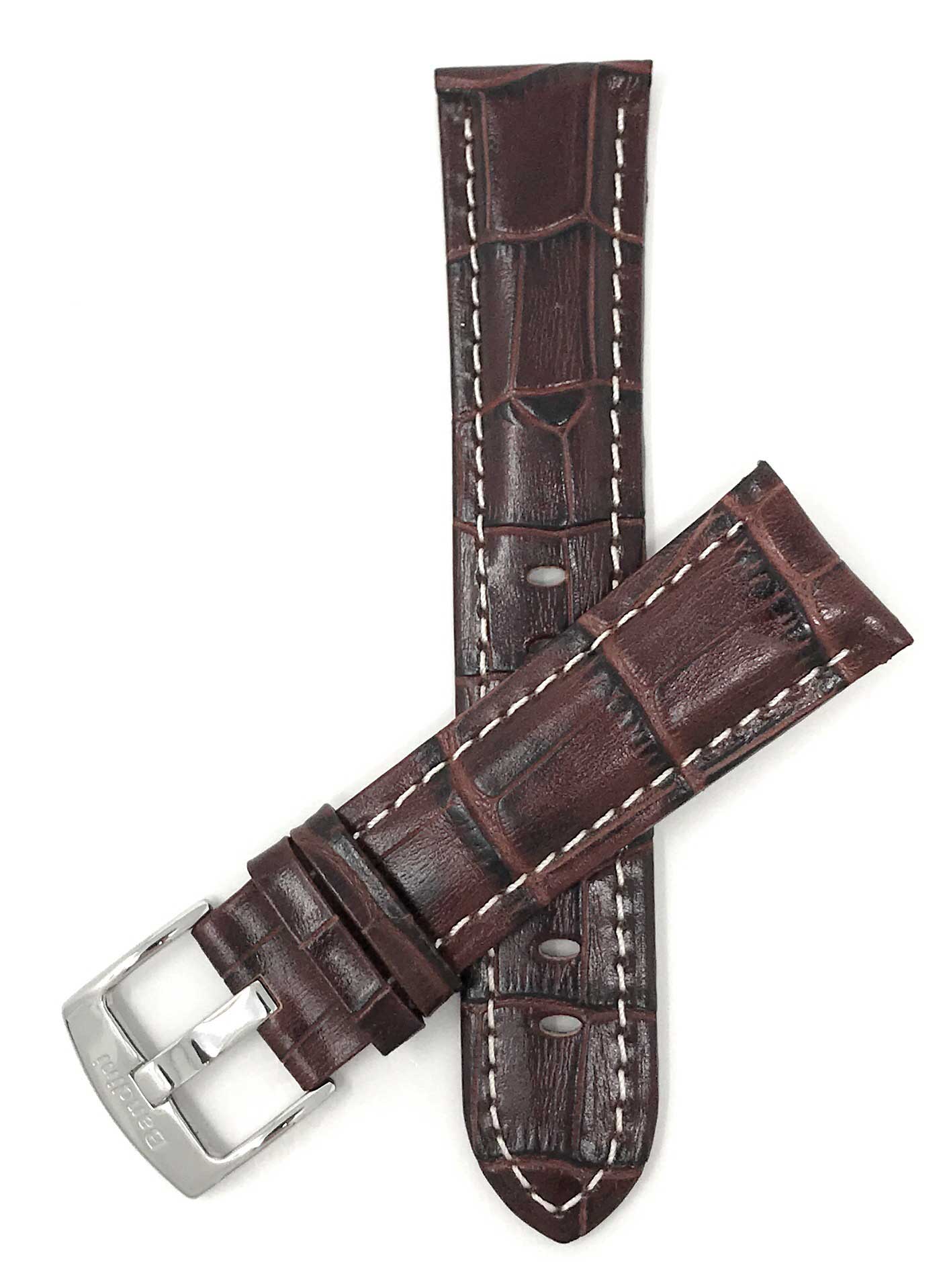 Bandini 20mm Extra long - Brown Leather Watch Band - Alligator Pattern - White Stitch - Glossy 20mm Extra long / Brown / Silver Buckle | Dial