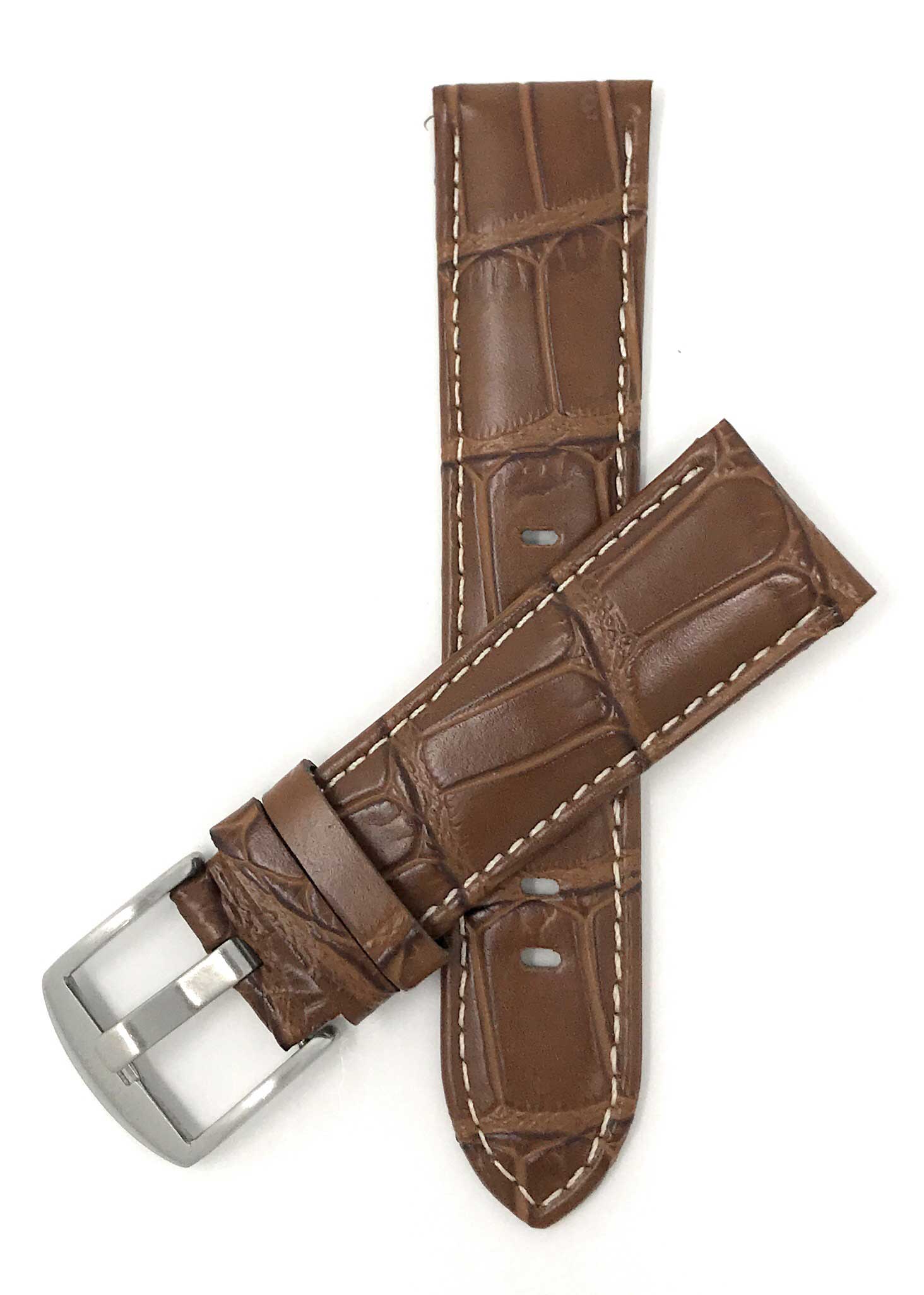 Bandini 20mm Tan Italian Leather Watch Band - Crocodile Pattern - White Stitch - Semi-Padded 20mm / Tan / Silver Buckle | Dial