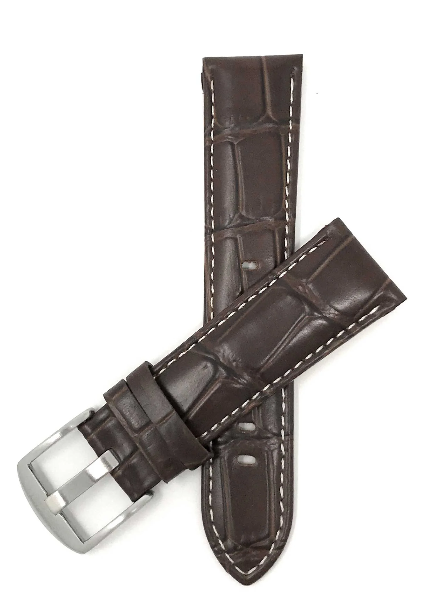Bandini 24mm Brown Italian Leather Watch Band - Crocodile Pattern - White Stitch - Semi-Padded 24mm / Brown / Silver Buckle | Dial