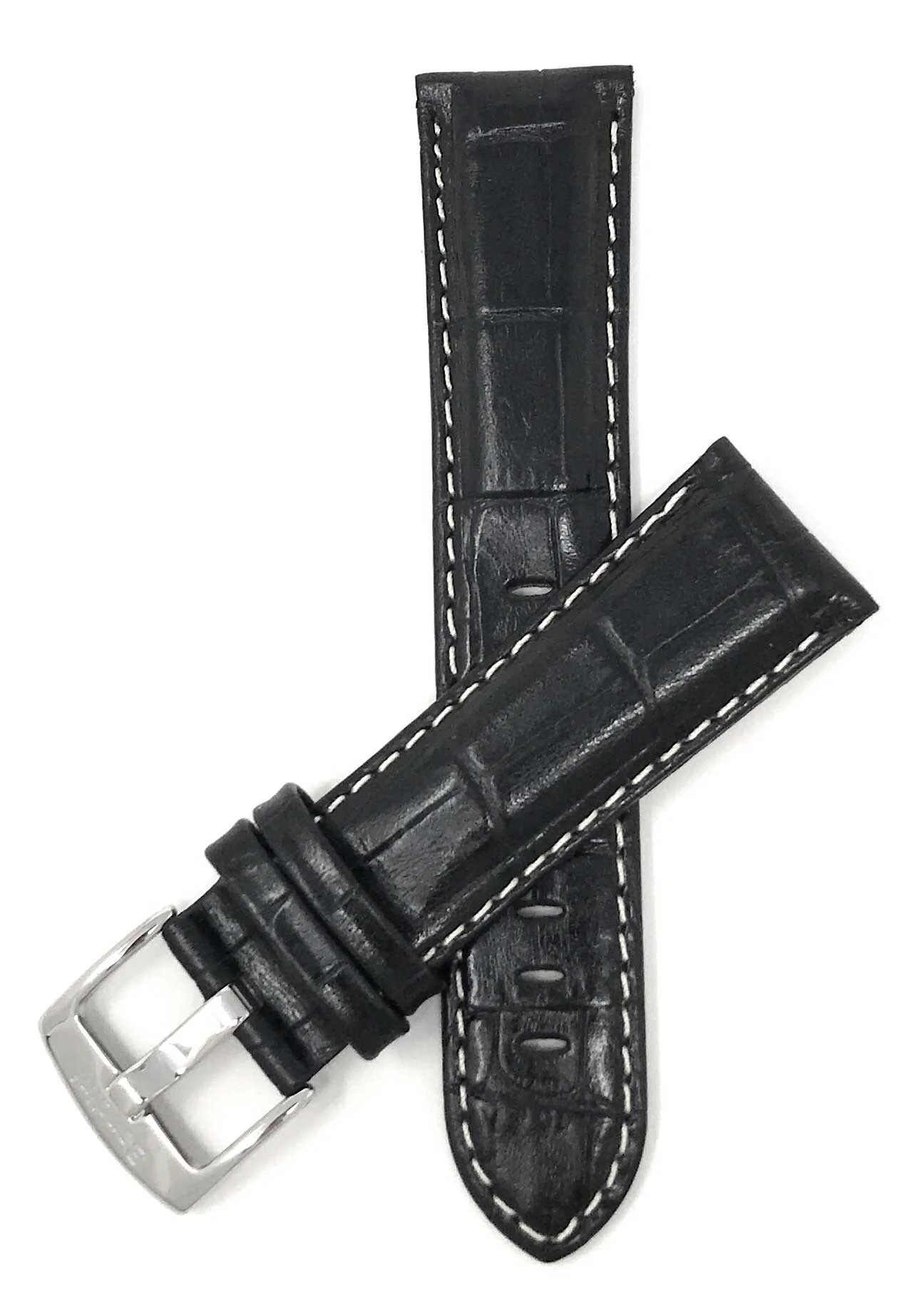Bandini 28mm Black Italian Leather Watch Band - Alligator Pattern - White Stitch - Glossy 28mm / Black / Silver Buckle | Dial