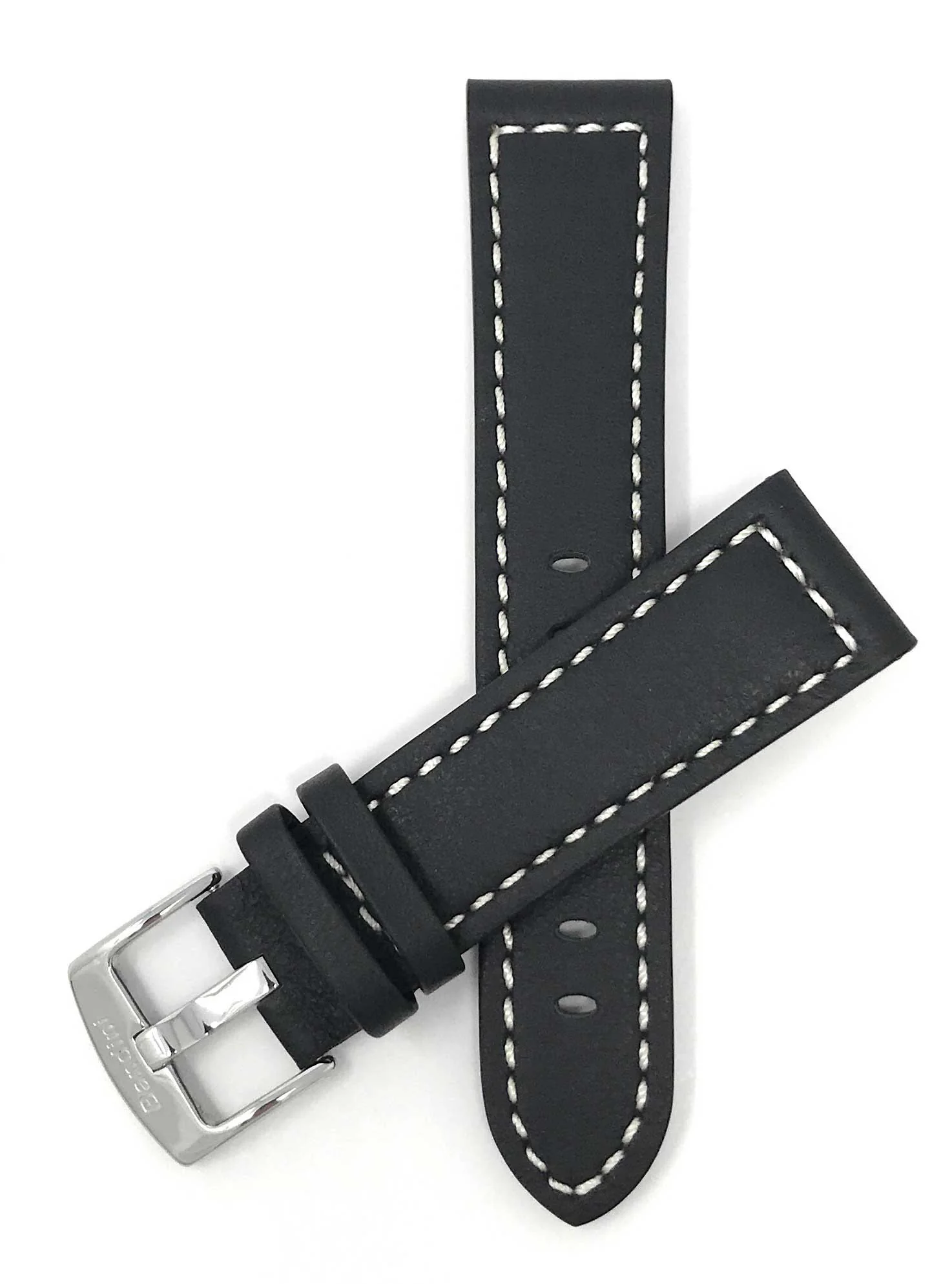 Bandini 28mm Black Italian Leather Watch Band - Racer - White Stitch - Padded 28mm / Black / Silver Buckle | Dial
