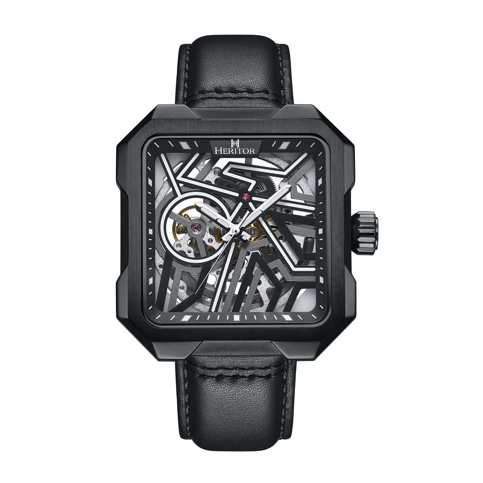 Campbell Leather-Band Skeleton Watch Black | Black Dial