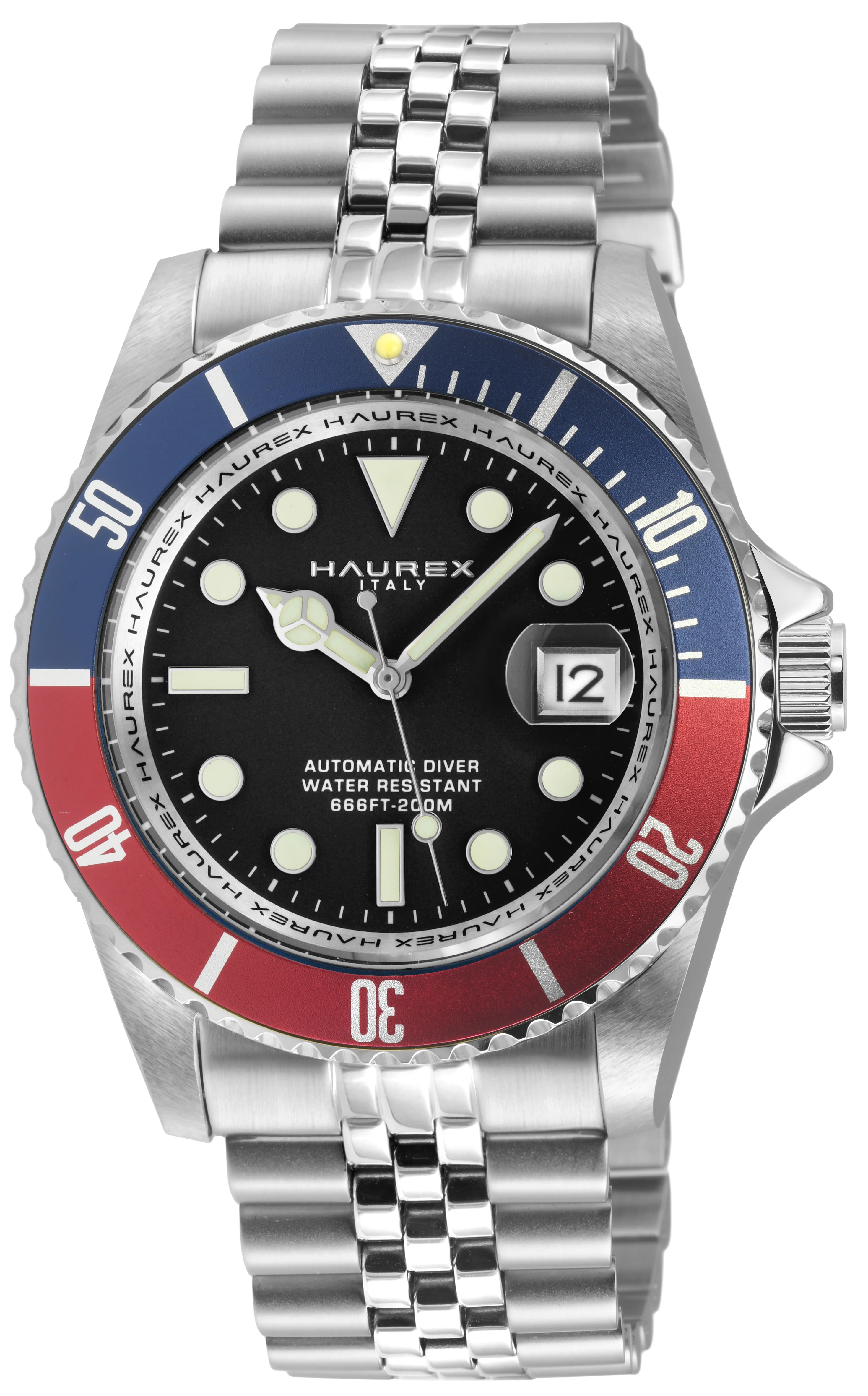 Eterno SS Case, Blue/Red Bezel, Black Dial,  316L Itainless Steel Bracelet | Black Dial
