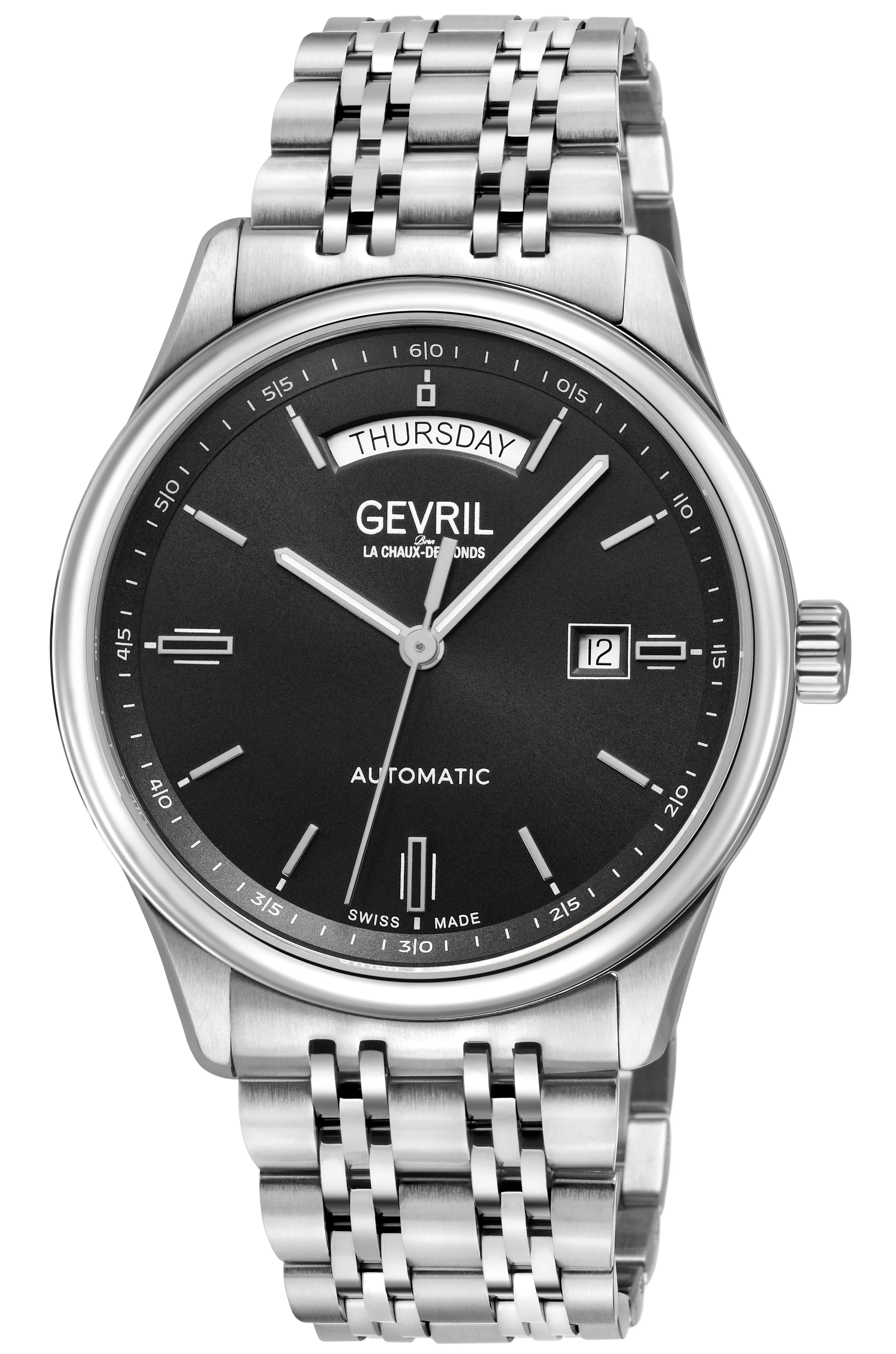 Excelsior Swiss made Automatic Sellita SW240, Day Date  Black Sunray Dial, SS Case, SS bracelet | Black Dial