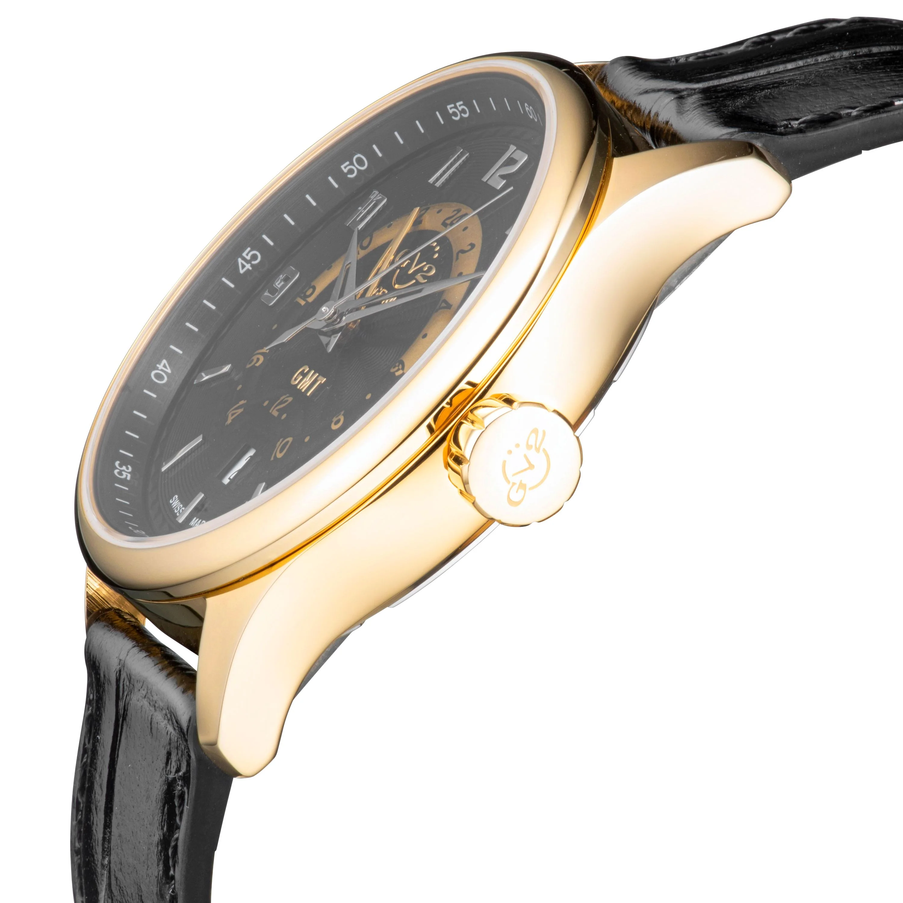 Giromondo GV2 by Gevril Swiss Made GMT Gold Watch Black Leather Strap | Black Dial - Image 2