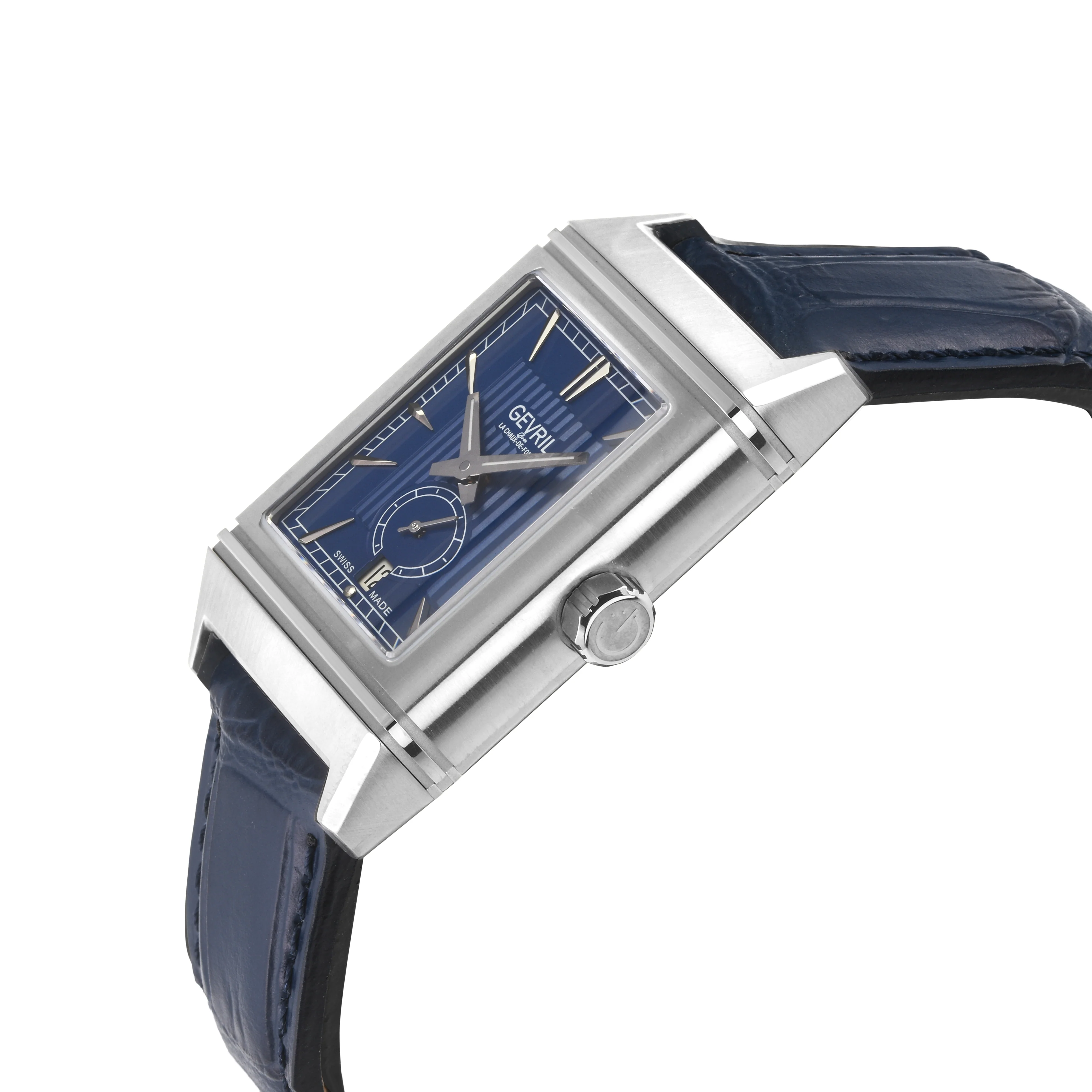 Time Square Gevril Men's Automatic Time Square,  Blue Embossed dial, Blue Handmade Italian Leather Strap | Blue Dial - Image 2