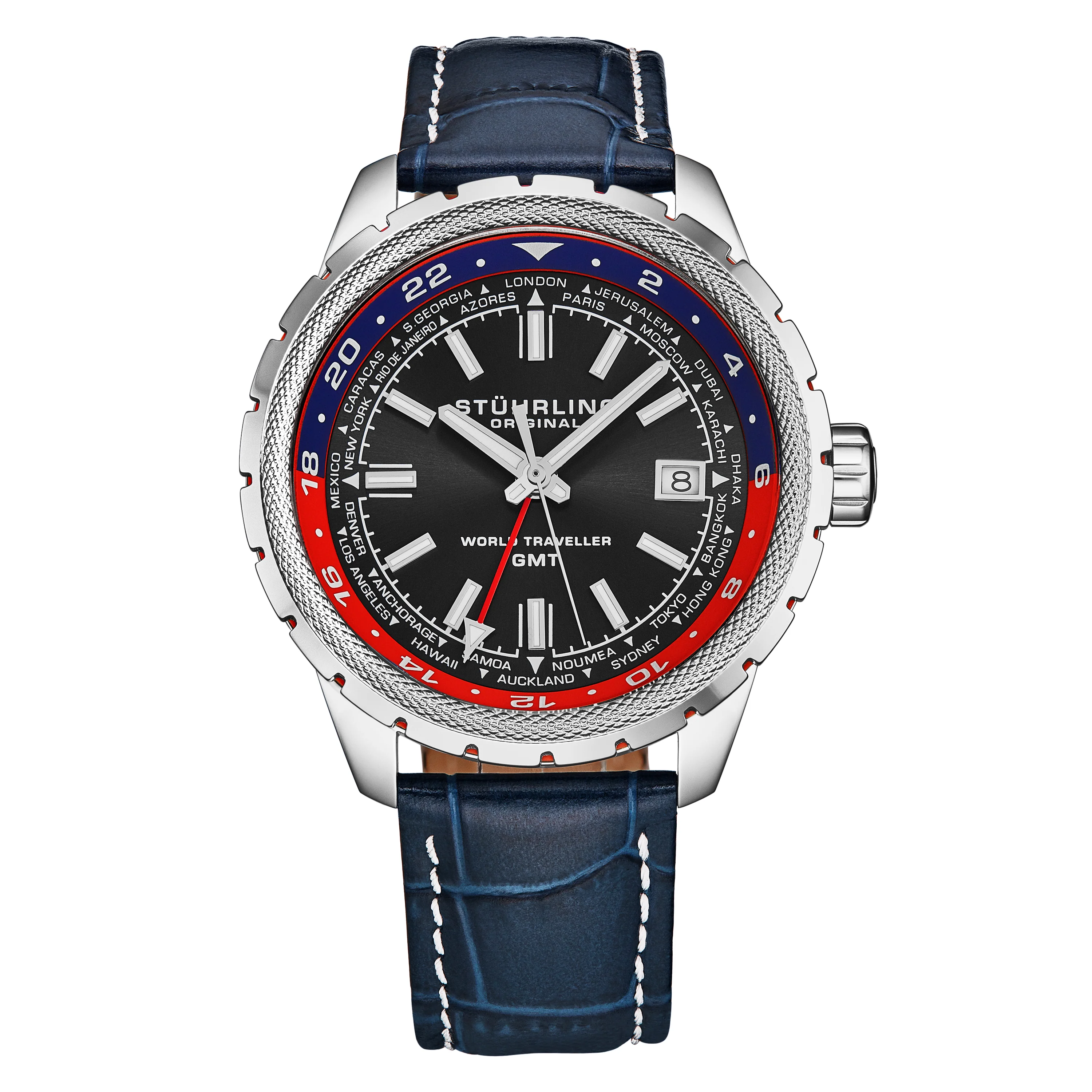 Global Voyager GMT 42mm World Timer Watch Blue/Leather | Black Dial