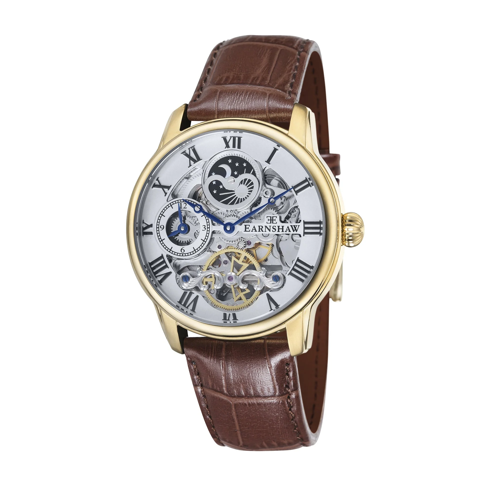 Longitude Automatic Skeleton Watch Silver White & Brown Gold / Genuine leather strap Silver Dial