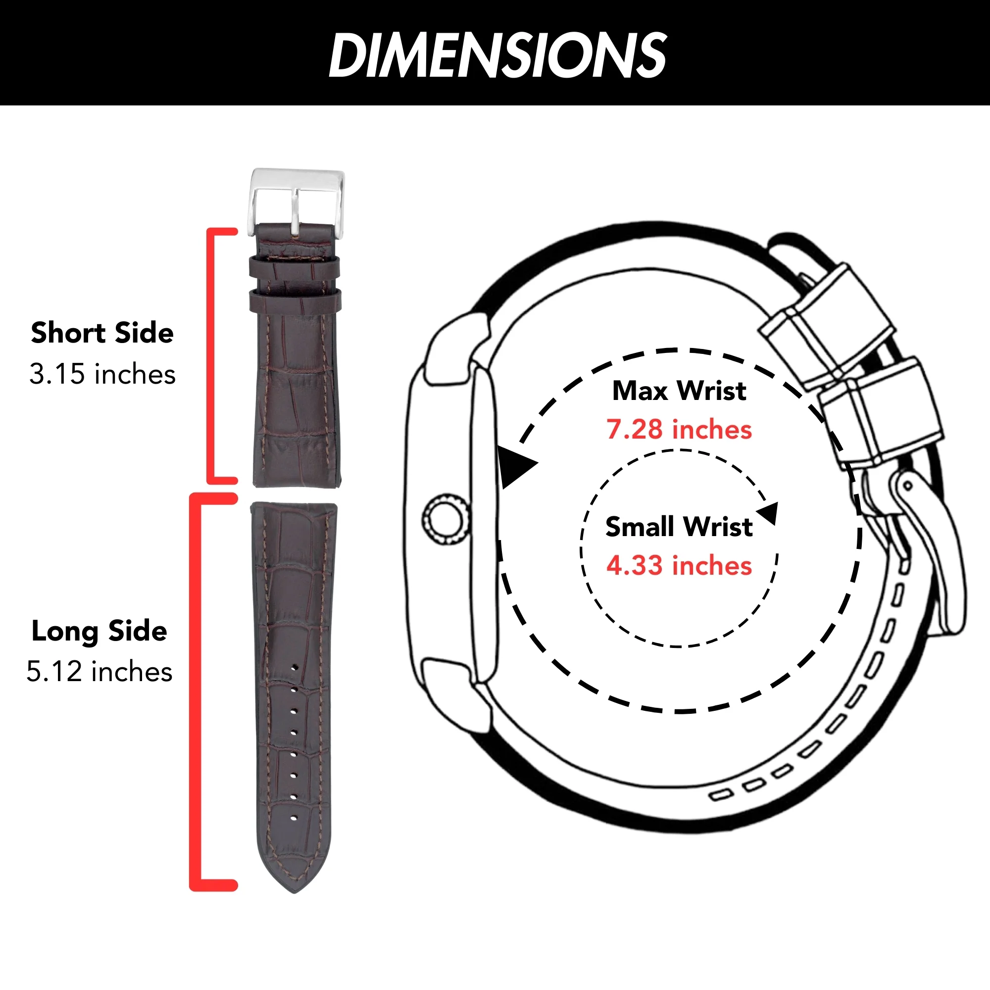 Hybrid Watch Band, Leather / Rubber Lining - Alligator Pattern Brown / 22mm |  Dial - Image 5