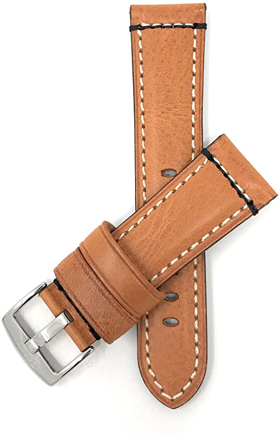 Italian Leather Watch Band Strap - Double Stitch - Stainless Steel Buckle Tan / 22mm | Dial