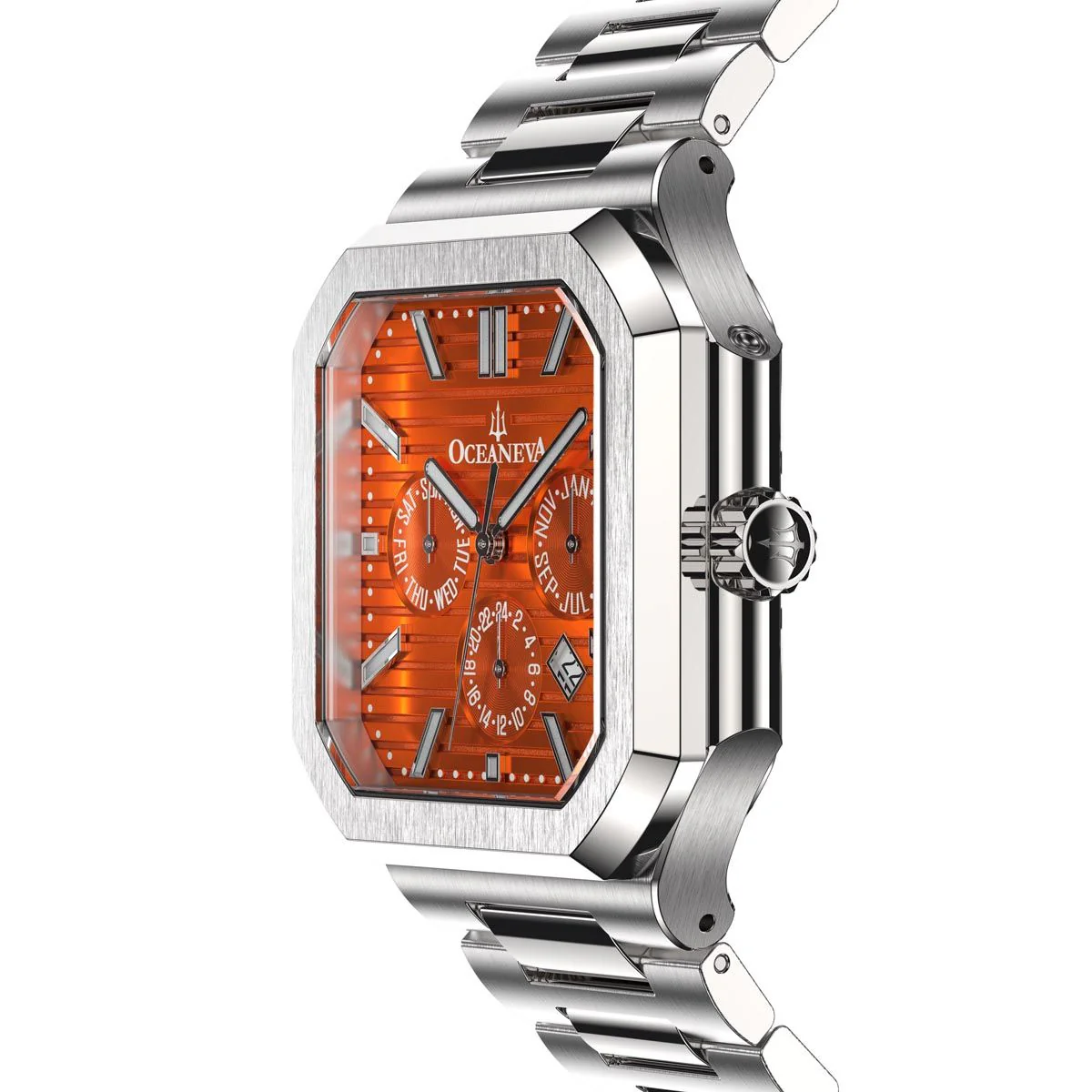 Tenuis Automatic Silver Bezel Watch | Orange Dial with Calendar - Image 6