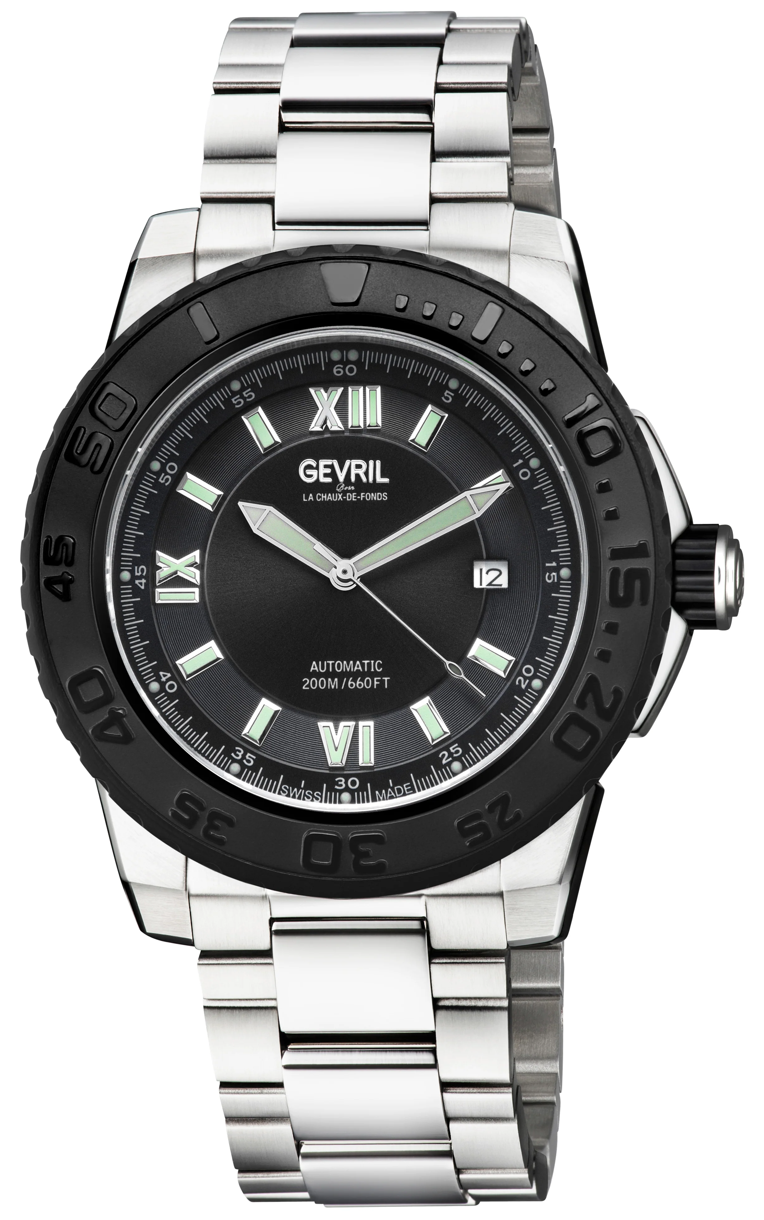 Seacloud Gevril Stainless Steel Black Dial Luminous Hands Swiss Made Automatic Bracelet Date Watch | Black Dial