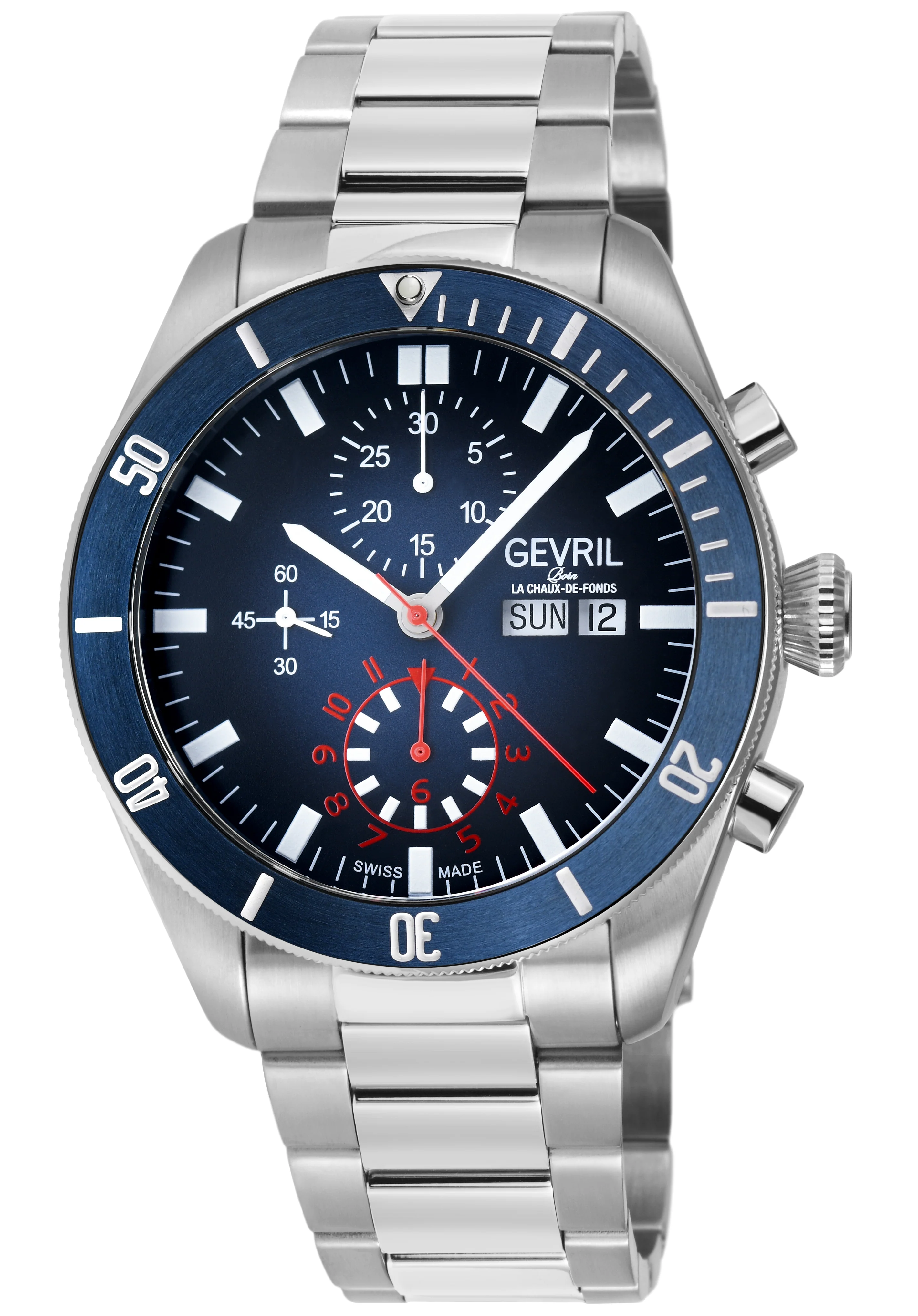 Yorkville - Chronograph Gevril Yorkville Swiss Automatic Chronograph  Watch, SS Case, Blue bezel, Blue Dial | Blue Dial
