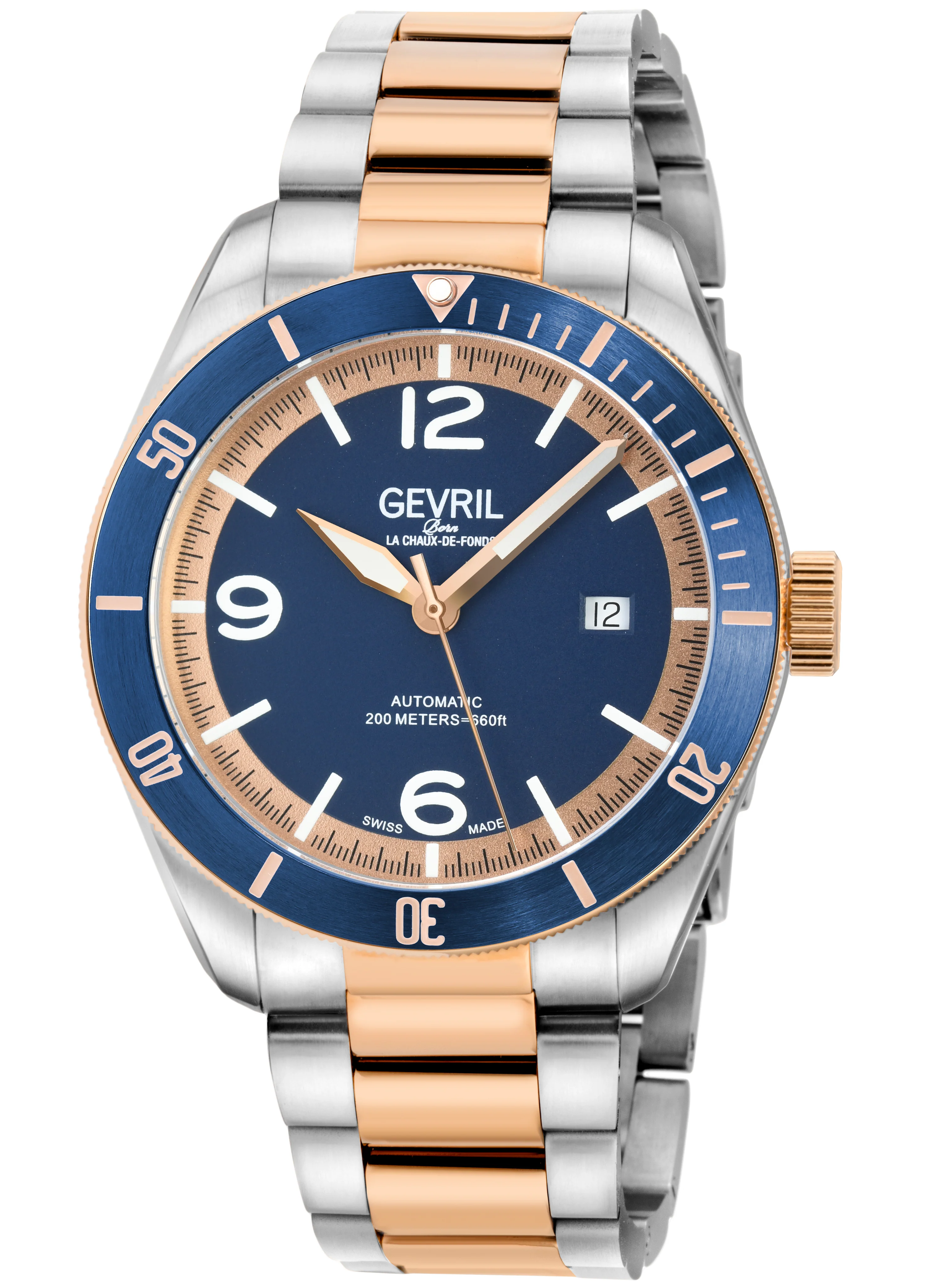 Yorkville-Diver Gevril Swiss Made Sellita SW200, Blue Bezel. Blue Dial, Two toned Rose Gold Bracelet | Blue Dial